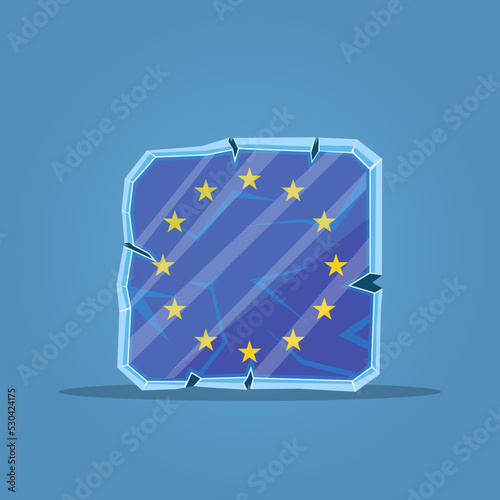 A piece of ice with a frozen European Union flag. The concept of the energy crisis in Europe. Coming winter. Rising energy prices. Problems with heating houses.