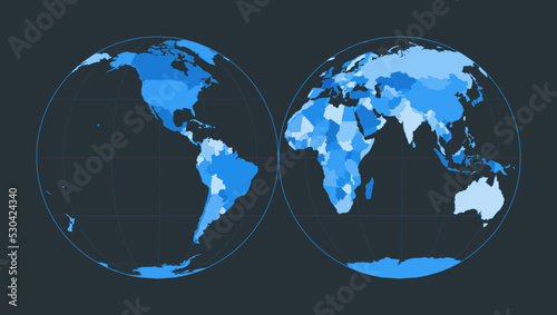 World Map. Mollweide projection interrupted into two equal-area hemispheres. Futuristic world illustration for your infographic. Nice blue colors palette. Creative vector illustration.