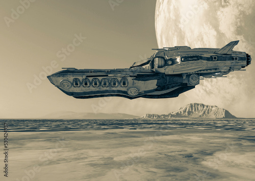 super alien spaceship with mars moon background © DM7