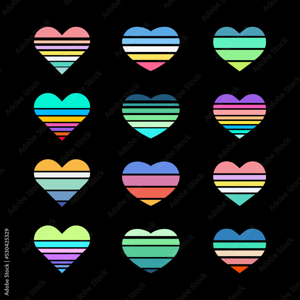 Collection of bright rainbow striped multicolored hearts