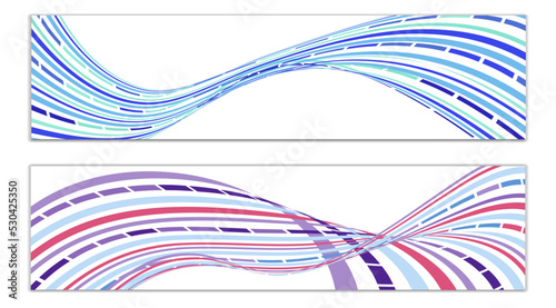 Wavy lines or ribbons. Set of 2 covers. Multicolored striped. Creative unusual background with abstract wave lines for creating a trendy banner, poster. vector eps