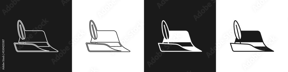 Set Oktoberfest hat icon isolated on black and white background. Hunter hat with feather. German hat. Vector Set Oktoberfest hat icon isolated on black and white background. Hunter hat with feather. German hat. Vector