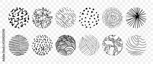 Hand drawn abstract circle sketch set. Vector circular scribble doodle. Backgrounds in the form of a circle of spots, lines, splashes, stripes and dots, on a transparent background