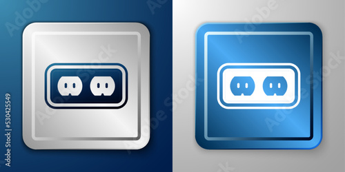 White Electrical outlet icon isolated on blue and grey background. Power socket. Rosette symbol. Silver and blue square button. Vector