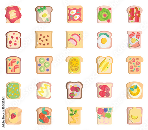 toast toppings, bread slices Toast toppings icon set