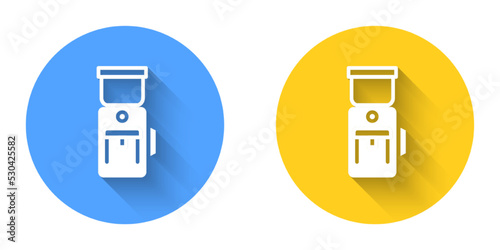 White Electric coffee grinder icon isolated with long shadow background. Circle button. Vector