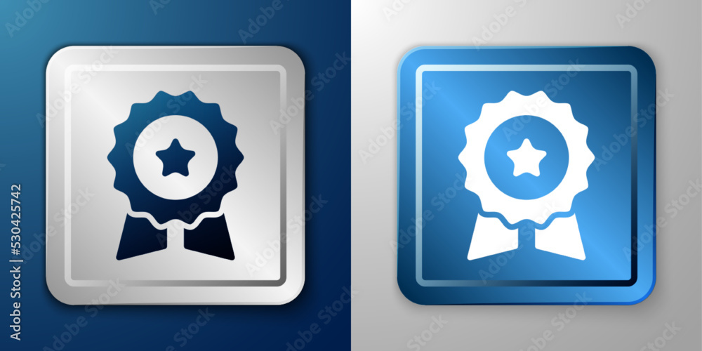 White Medal with star icon isolated on blue and grey background. Winner symbol. Silver and blue square button. Vector White Medal with star icon isolated on blue and grey background. Winner symbol. Silver and blue square button. Vector