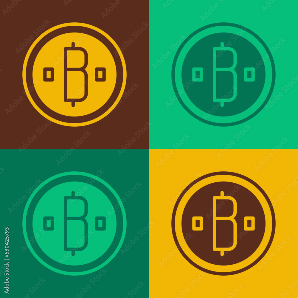 Pop art Cryptocurrency coin Bitcoin icon isolated on color background. Physical bit coin. Blockchain based secure crypto currency. Vector Pop art Cryptocurrency coin Bitcoin icon isolated on color background. Physical bit coin. Blockchain based secure crypto currency. Vector