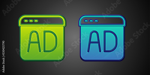 Green and blue Advertising icon isolated on black background. Concept of marketing and promotion process. Responsive ads. Social media advertising. Vector