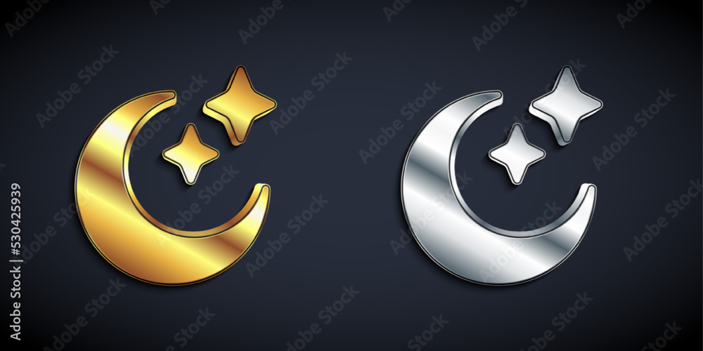 Gold and silver Moon and stars icon isolated on black background. Cloudy night sign. Sleep dreams symbol. Full moon. Night or bed time sign. Long shadow style. Vector