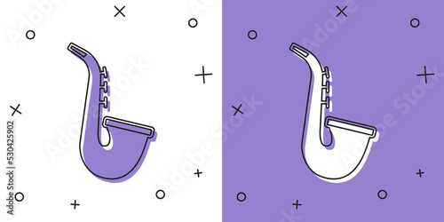 Set Musical instrument saxophone icon isolated on white and purple background. Vector