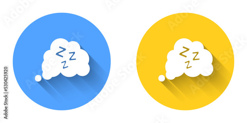 White Sleepy icon isolated with long shadow background. Sleepy zzz talk bubble. Circle button. Vector
