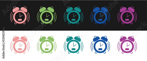 Set Alarm clock icon isolated on black and white background. Wake up, get up concept. Time sign. Vector