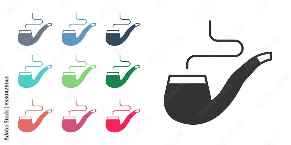 Black Smoking pipe with smoke icon isolated on white background. Tobacco pipe. Set icons colorful. Vector Black Smoking pipe with smoke icon isolated on white background. Tobacco pipe. Set icons colorful. Vector