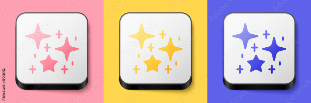 Isometric Sparkle stars with magical glitter particles icon isolated on pink, yellow and blue background. Magic christmas decoration. Square button. Vector Isometric Sparkle stars with magical glitter particles icon isolated on pink, yellow and blue background. Magic christmas decoration. Square button. Vector