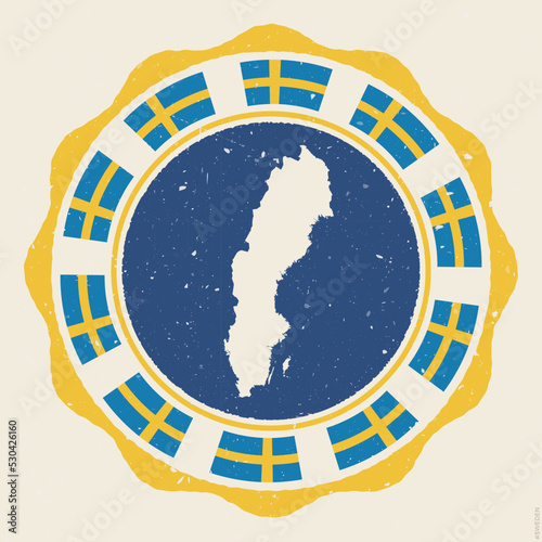 Sweden vintage sign. Grunge round logo with a map and flags of Sweden. Charming vector illustration.