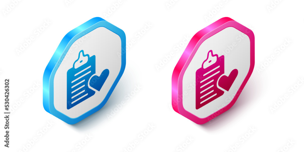 Fototapeta premium Isometric Medical clipboard with clinical record icon isolated on white background. Prescription, medical check marks report. Hexagon button. Vector