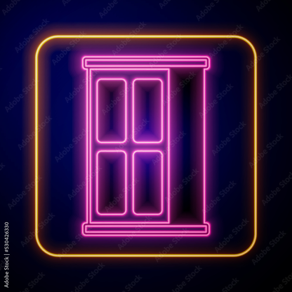 Glowing neon Wardrobe icon isolated on black background. Cupboard sign. Vector