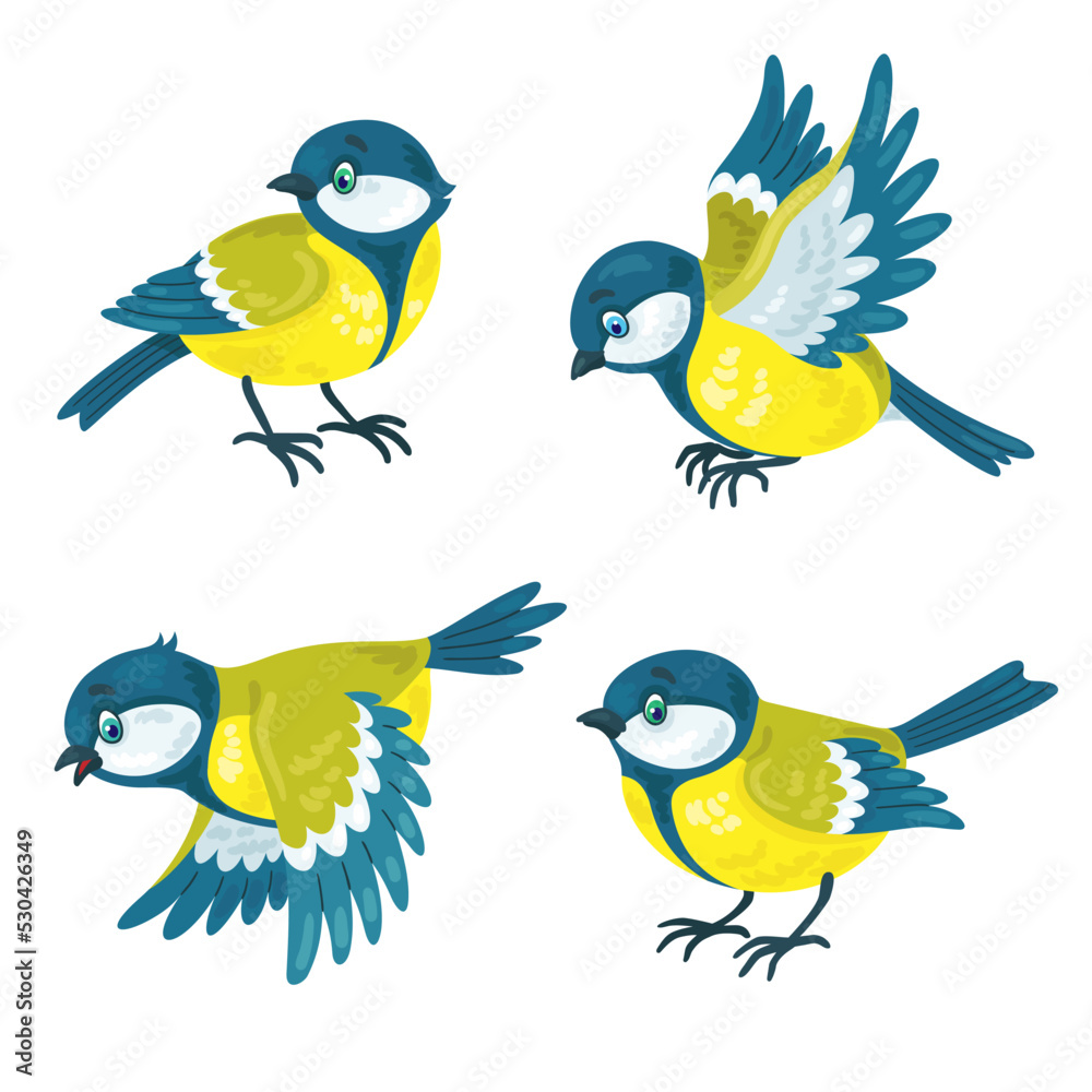 Set of four funny colorful titmouse in different poses. They sit and fly. In cartoon style. Isolated on white background. Vector illustration. Set of four funny colorful titmouse in different poses. They sit and fly. In cartoon style. Isolated on white background. Vector illustration.