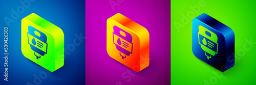 Isometric IV bag icon isolated on blue, purple and green background. Blood bag. Donate blood concept. The concept of treatment and therapy, chemotherapy. Square button. Vector