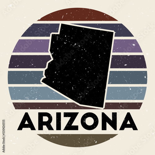 Arizona logo. Sign with the map of US state and colored stripes, vector illustration. Can be used as insignia, logotype, label, sticker or badge of Arizona.