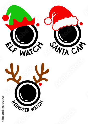 Set of Christmas prints, Santa cam svg, Reindeer Elf watch, Deer antlers clipart. Bundle