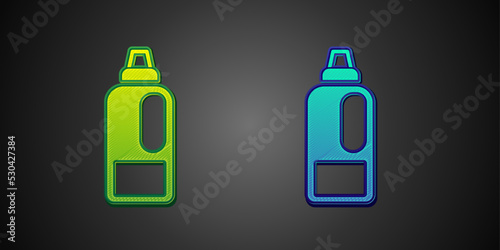 Green and blue Plastic bottle for laundry detergent, bleach, dishwashing liquid or another cleaning agent icon isolated on black background. Vector