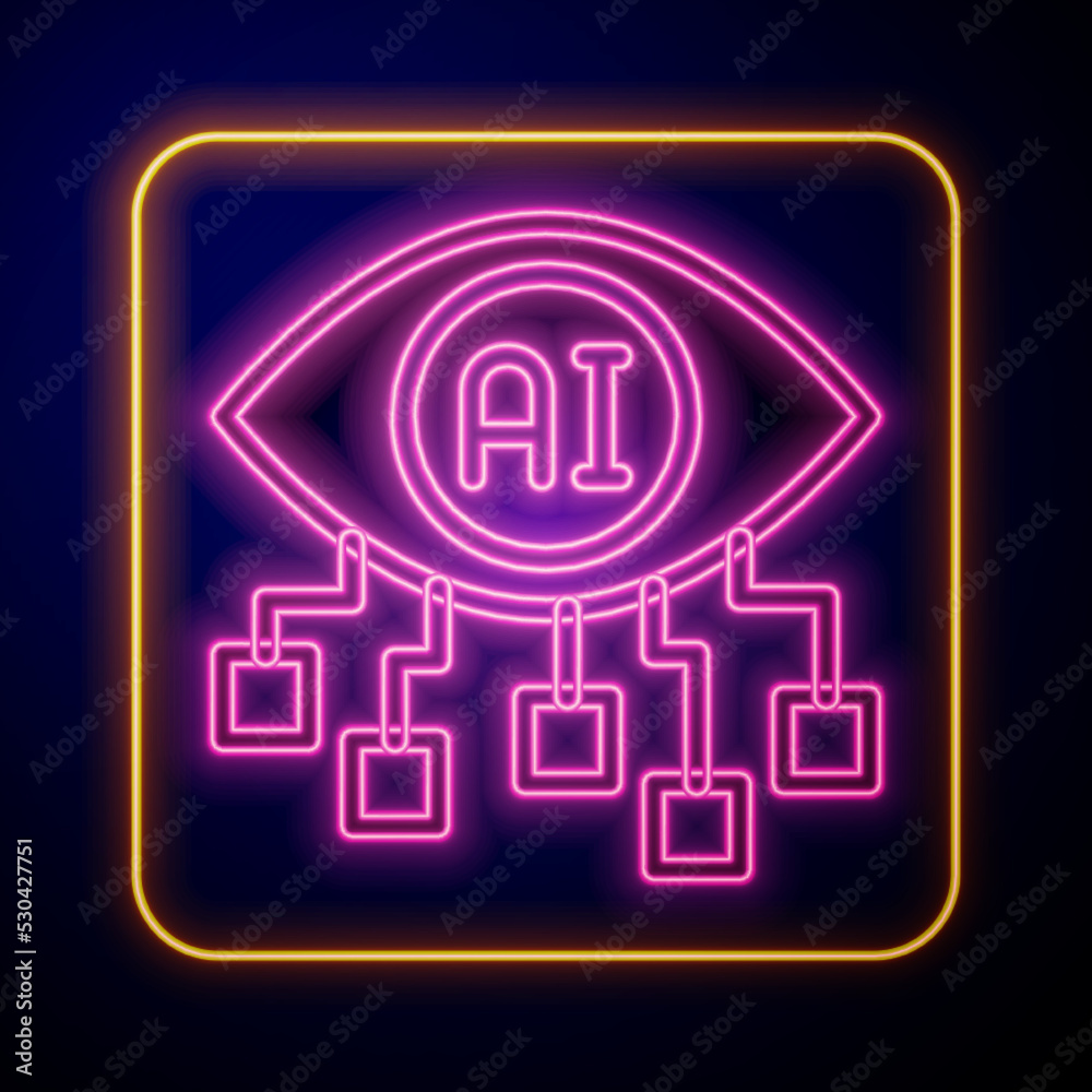 Glowing neon Computer vision icon isolated on black background. Technical vision, eye circuit, video surveillance system, augmented reality systems. Vector Glowing neon Computer vision icon isolated on black background. Technical vision, eye circuit, video surveillance system, augmented reality systems. Vector