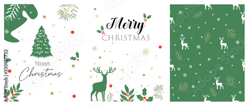 Cheerful and colorful New Year holiday greeting cards. Universal abstract creative art templates with Christmas tree, snowflakes, reindeer, twigs, rowan trees, smart backgrounds, seamless pattern