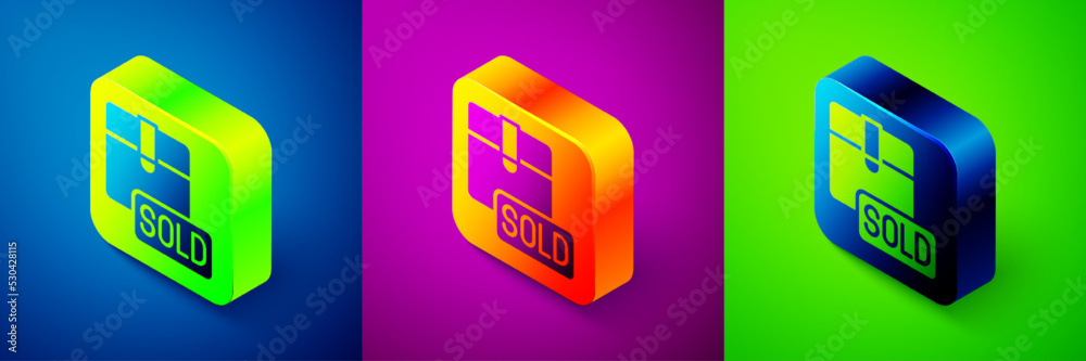 Isometric Sold icon isolated on blue, purple and green background. Square button. Vector Isometric Sold icon isolated on blue, purple and green background. Square button. Vector