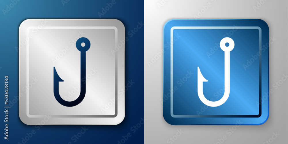 White Fishing hook icon isolated on blue and grey background. Fishing tackle. Silver and blue square button. Vector White Fishing hook icon isolated on blue and grey background. Fishing tackle. Silver and blue square button. Vector