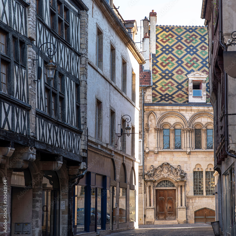 Beautiful architecture in the city centre of Dijon in France with typical coloured tile roofs