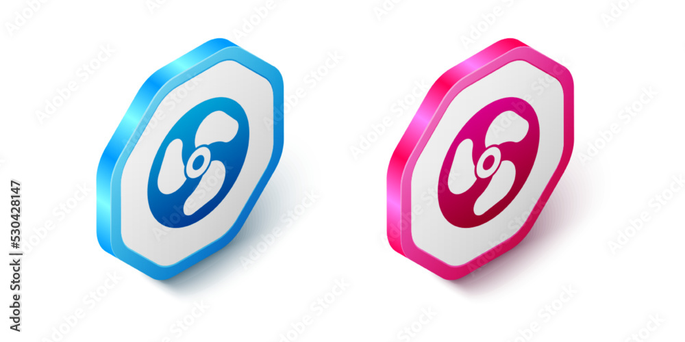 Isometric Outboard boat motor icon isolated on white background. Boat engine. Hexagon button. Vector