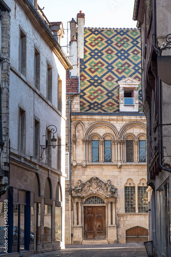 Beautiful architecture in the city centre of Dijon in France with typical coloured tile roofs