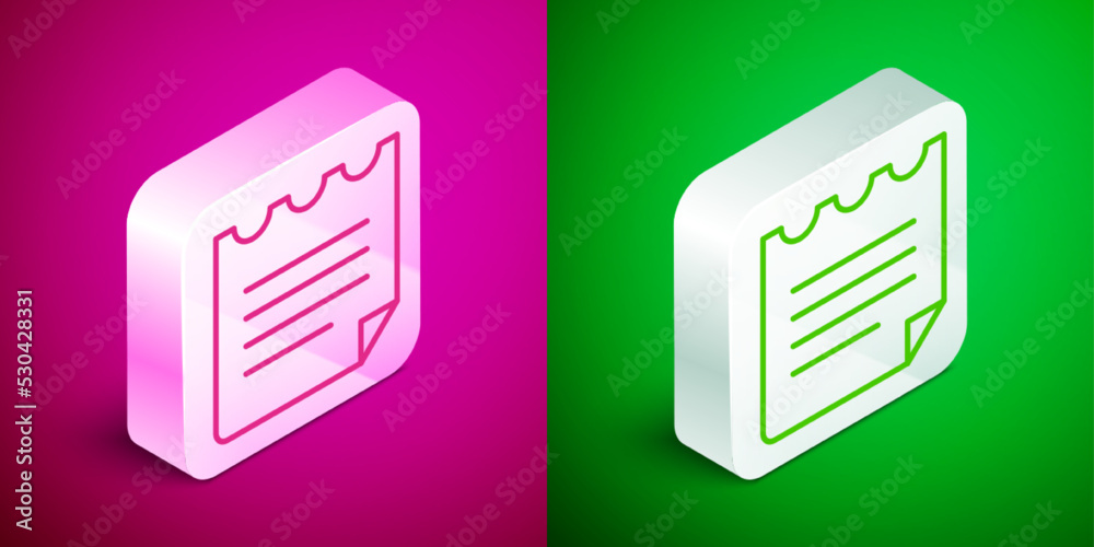 Isometric line Notebook icon isolated on pink and green background. Spiral notepad icon. School notebook. Writing pad. Diary for school. Silver square button. Vector Isometric line Notebook icon isolated on pink and green background. Spiral notepad icon. School notebook. Writing pad. Diary for school. Silver square button. Vector