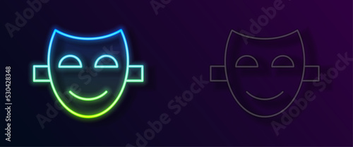 Glowing neon line Comedy theatrical mask icon isolated on black background. Vector