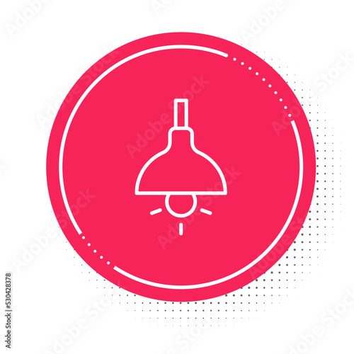 White line Lamp hanging icon isolated on white background. Ceiling lamp light bulb. Red circle button. Vector