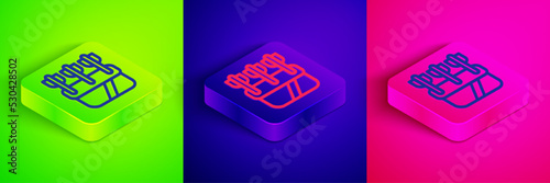 Isometric line Quiver with arrows icon isolated on green, blue and pink background. Square button. Vector