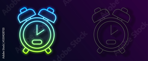 Glowing neon line Alarm clock icon isolated on black background. Wake up, get up concept. Time sign. Vector