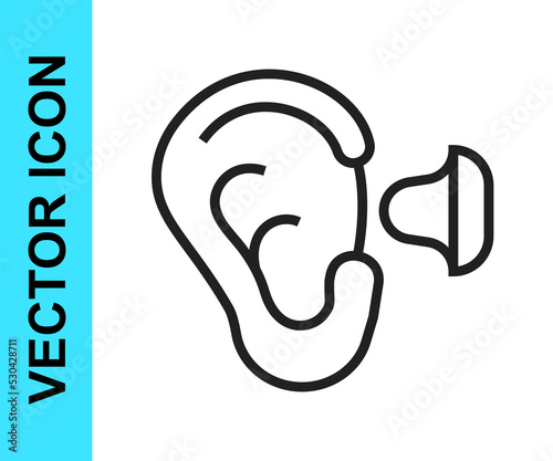 Black line Earplugs and ear icon isolated on white background. Ear plug sign. Noise symbol. Sleeping quality concept. Vector