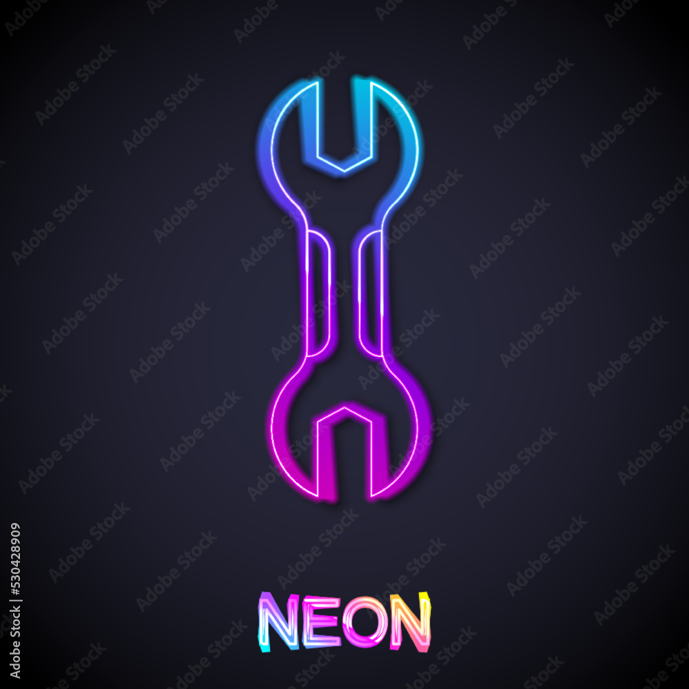 Glowing neon line Wrench spanner icon isolated on black background. Spanner repair tool. Service tool symbol. Vector Glowing neon line Wrench spanner icon isolated on black background. Spanner repair tool. Service tool symbol. Vector