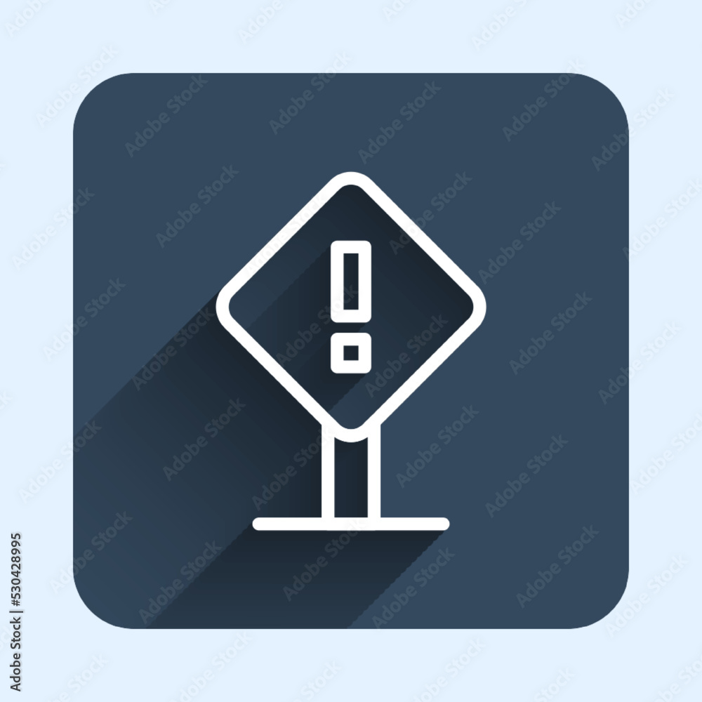 White line Exclamation mark in square frame icon isolated with long shadow background. Hazard warning sign, careful, attention, danger warning important sign. Blue square button. Vector White line Exclamation mark in square frame icon isolated with long shadow background. Hazard warning sign, careful, attention, danger warning important sign. Blue square button. Vector