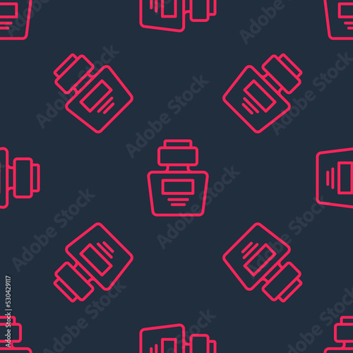 Red line Perfume icon isolated seamless pattern on black background. Vector