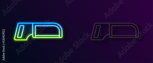 Glowing neon line Hacksaw icon isolated on black background. Metal saw for wood and metal. Vector