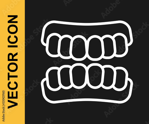 White line Dentures model icon isolated on black background. Teeth of the upper jaw. Dental concept. Vector