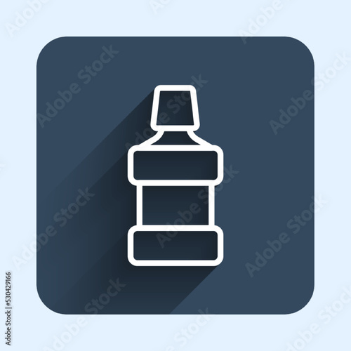 White line Mouthwash plastic bottle icon isolated with long shadow background. Liquid for rinsing mouth. Oralcare equipment. Blue square button. Vector