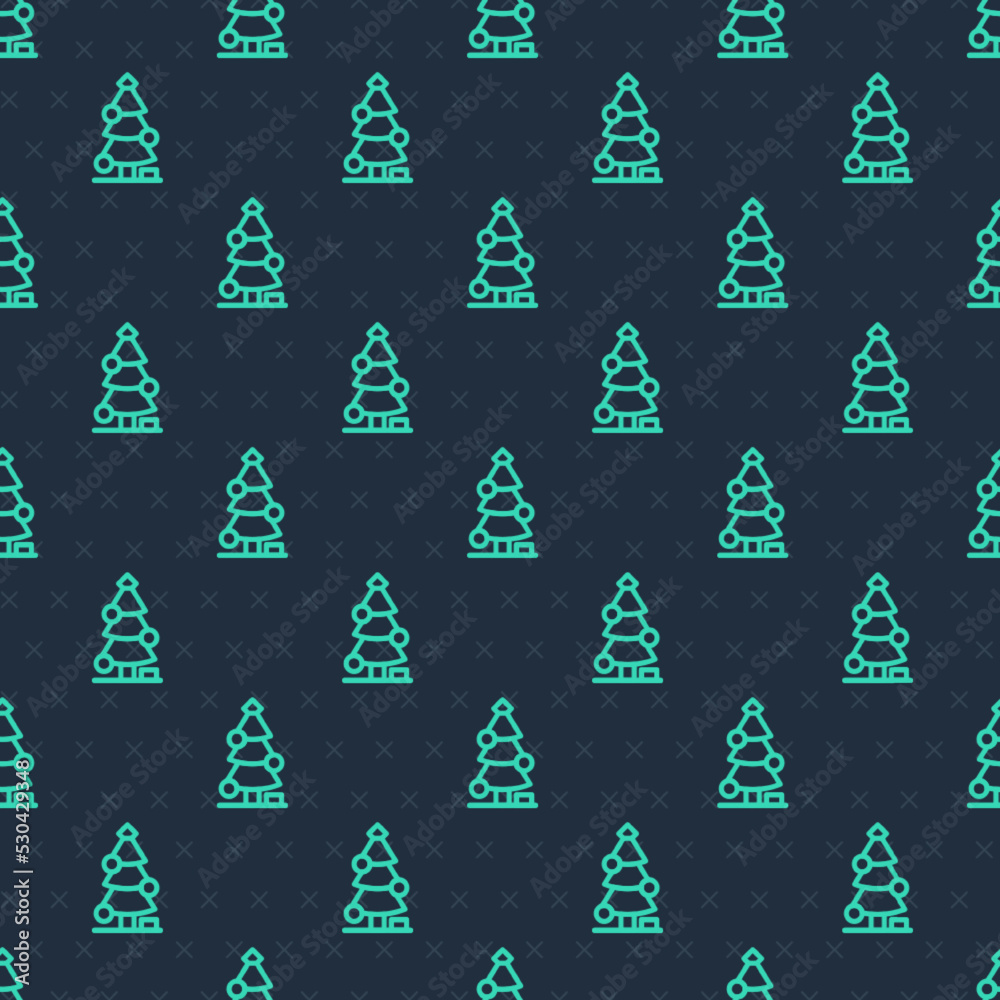 Green line Christmas tree with decorations icon isolated seamless pattern on blue background. Merry Christmas and Happy New Year. Vector
