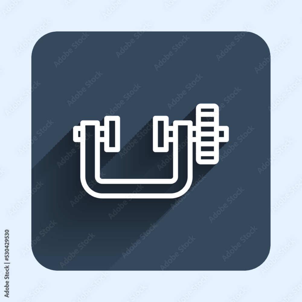 White line Clamp and screw tool icon isolated with long shadow background. Locksmith tool. Blue square button. Vector