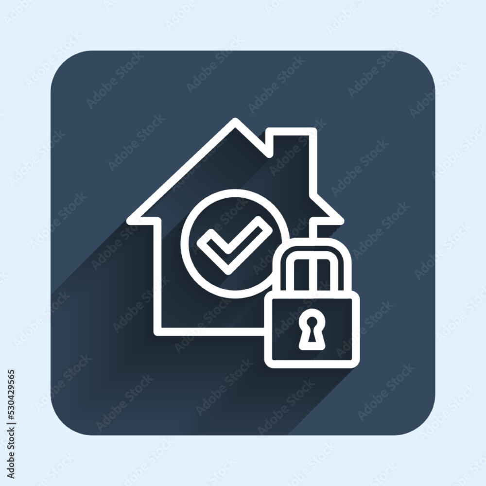 Obraz premium White line House under protection icon isolated with long shadow background. Home and lock. Protection, safety, security, protect, defense concept. Blue square button. Vector