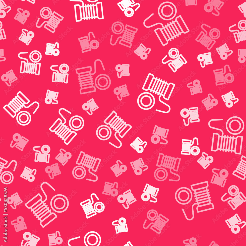 White line Spinning reel for fishing icon isolated seamless pattern on red background. Fishing coil. Fishing tackle. Vector White line Spinning reel for fishing icon isolated seamless pattern on red background. Fishing coil. Fishing tackle. Vector